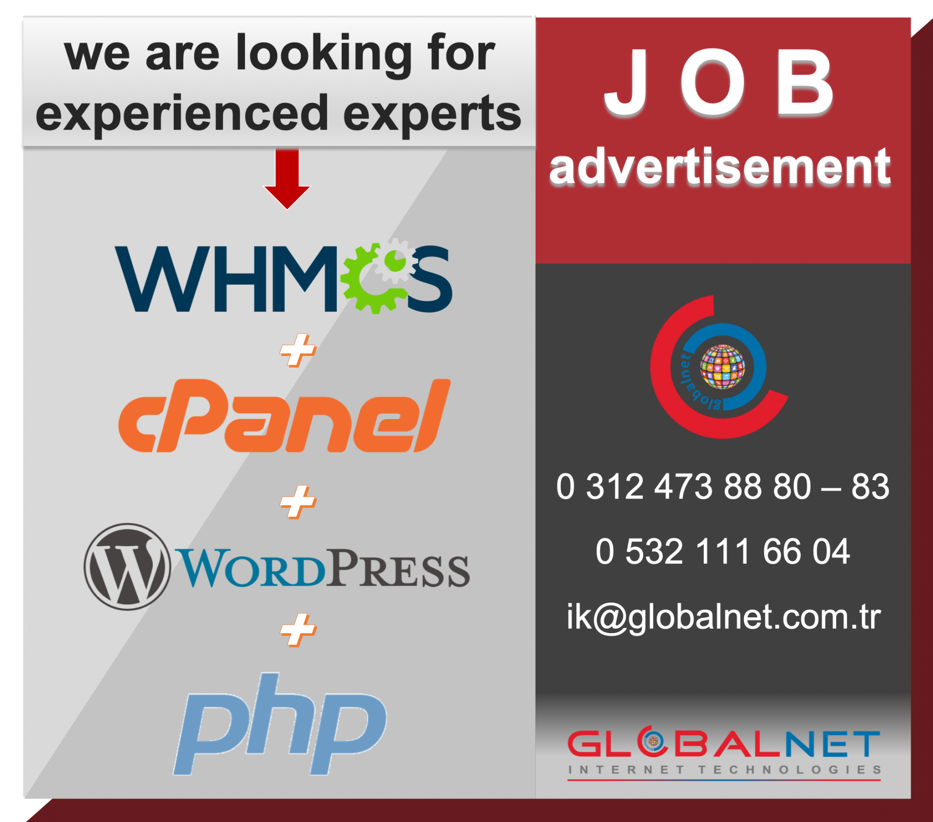 JOB Advertisement WHMCS + CPANEL + WORDPRESS + PHP